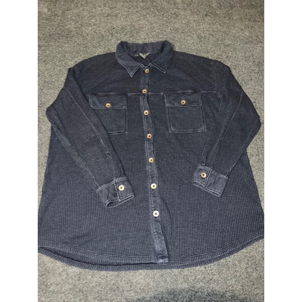 Natural Reflections Waffle Knit Button Down Shirt XL Navy Blue Thermal Top